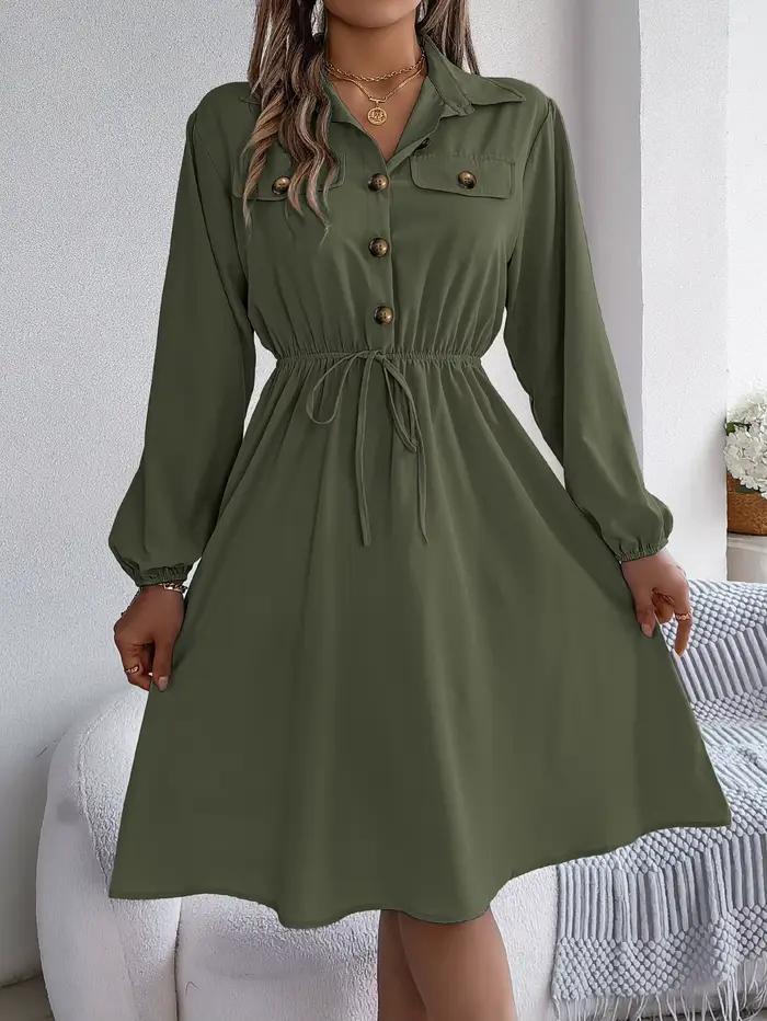 Robes d'automne et d'hiver pour femmes, décontractées, couleur unie, avec boutons, à nouer, à manche
