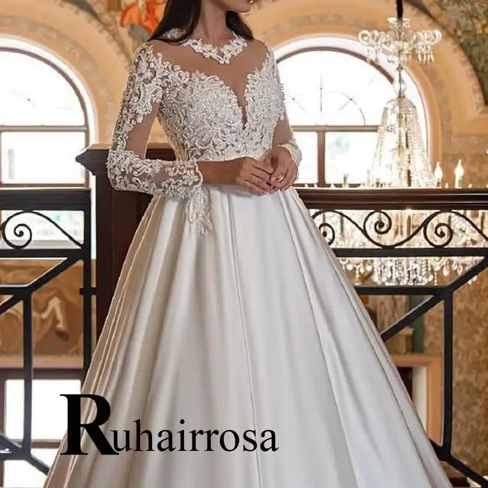 Ruhair mode a-ligne robes De mariée dentelle Appliques Illusion balayage Train pli bouton robe De ma