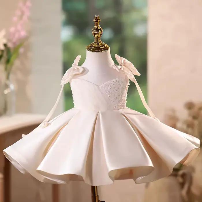 Jill Wish J582 Eleagnt Champagne robe de fille de fleur perles avec nœud princesse enfants mariage 1