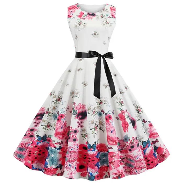 Robes longues de cocktail vintage pour femmes, imprimé floral rétro, fibre Swing, robes de soirée th