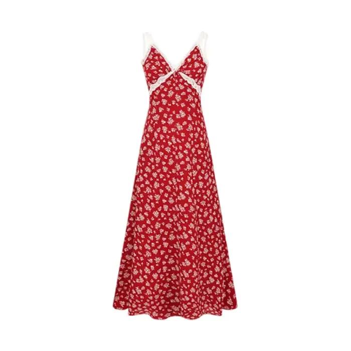 Robe longue élégante et magnifique à imprimé floral rouge français pour femme, nouvelle collection t