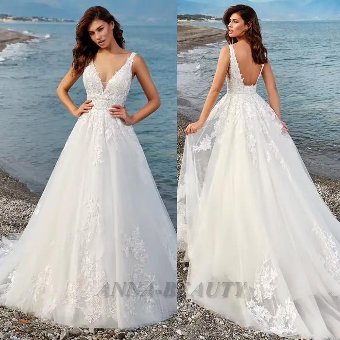 Anna charmante Robe De mariée col en v femme mariée Appliques sans manches dos ouvert balayage Train