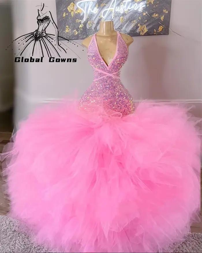 Robe de Rhlongue à paillettes roses pour filles, licou noir, volants, dos nu, robe de soirée, fête d