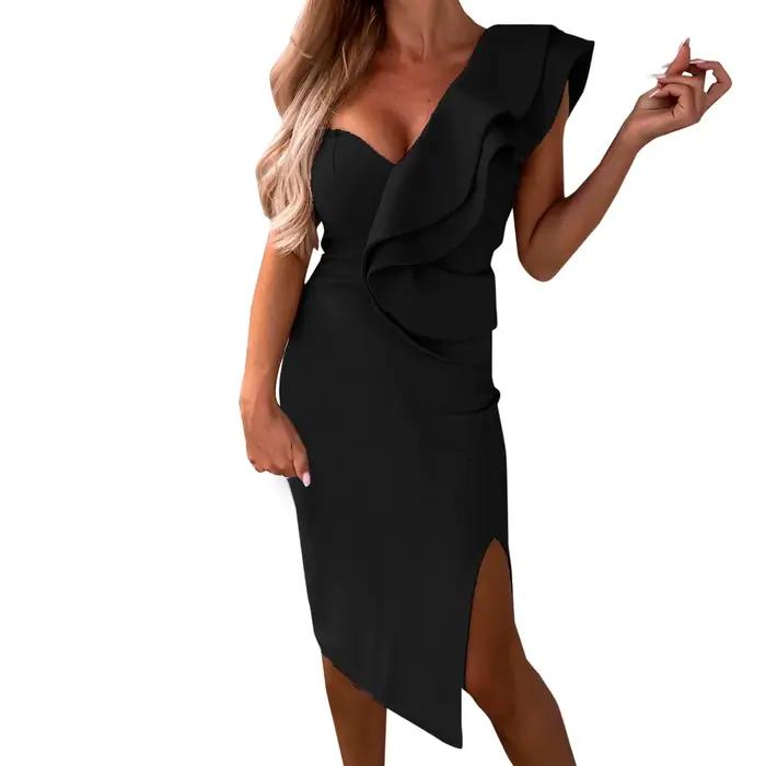 Robe mi-longue froncée fendue sur le côté pour femme, robes formelles pour invité de mariage, manche