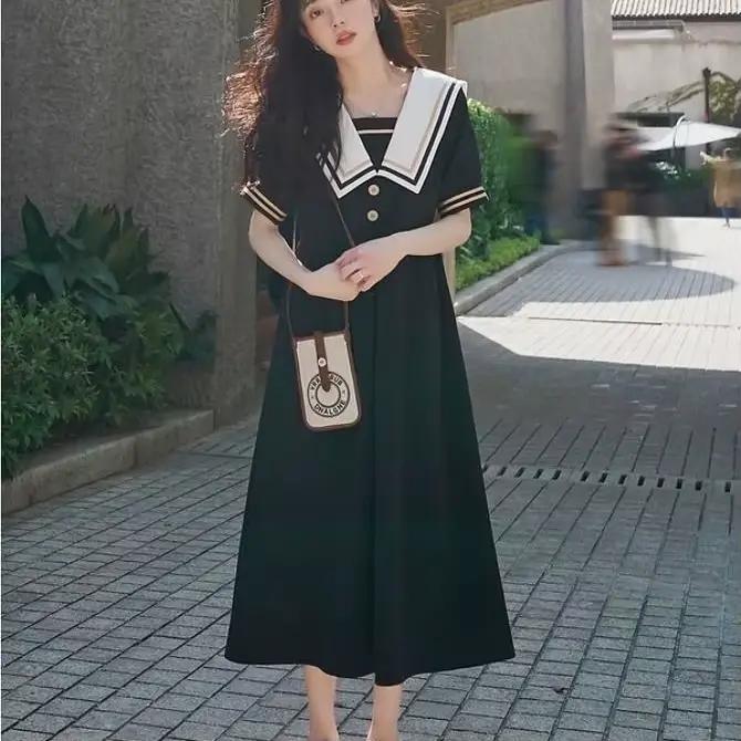 Robe d'été femmes col marin Maxi Preppy japon Style belle collège loisirs Empire rétro Simple classi