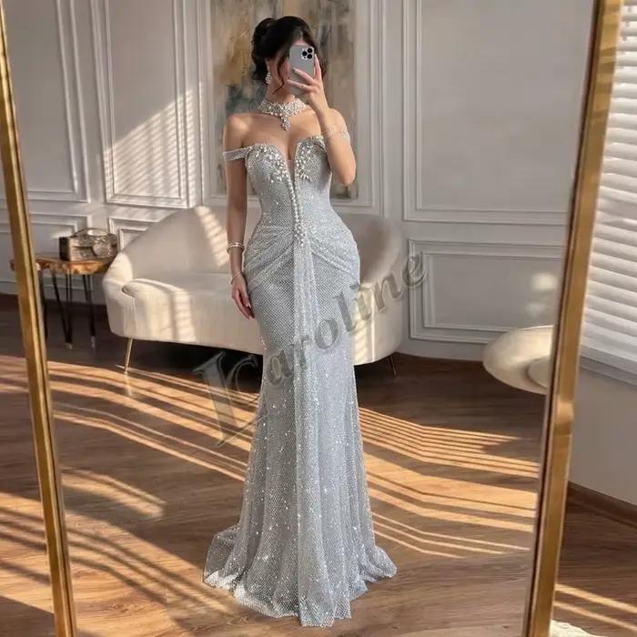 Caroline – robes de soirée sirène modernes pour femmes, avec strass, épaules dénudées, plissées, rob