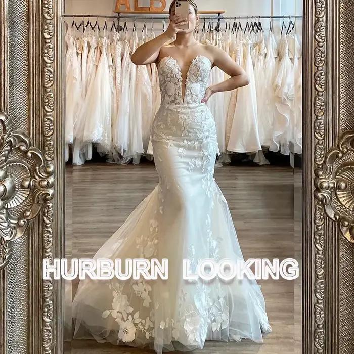 HERBURN-Robes de mariée à lacets Bohe pour mariée, train de balayage, appliques en dentelle, fibrSwe