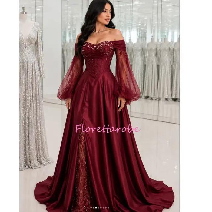 Robe de soirée bordeaux à perles, appliques de cristaux, dentelle, épaules dénudées, pour bal de pro
