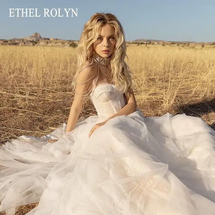 ETHEL ROLYN robe de mariée trapèze charmante cristal froncé chérie sans manches mariée dos nu scinti