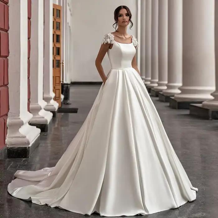Robe de mariée en satin, manches aux épaules, tempérament simple et sexy, coupe cintrée, dentelle, f