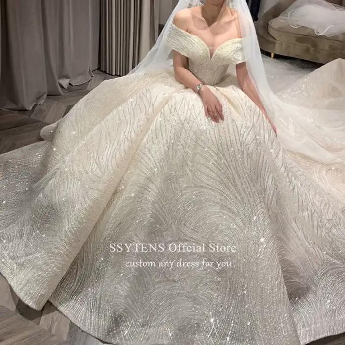 SSYTENS Robes de mariée pas chères, Robe de mariée brillante, Robe de mariée classique à col bateau,