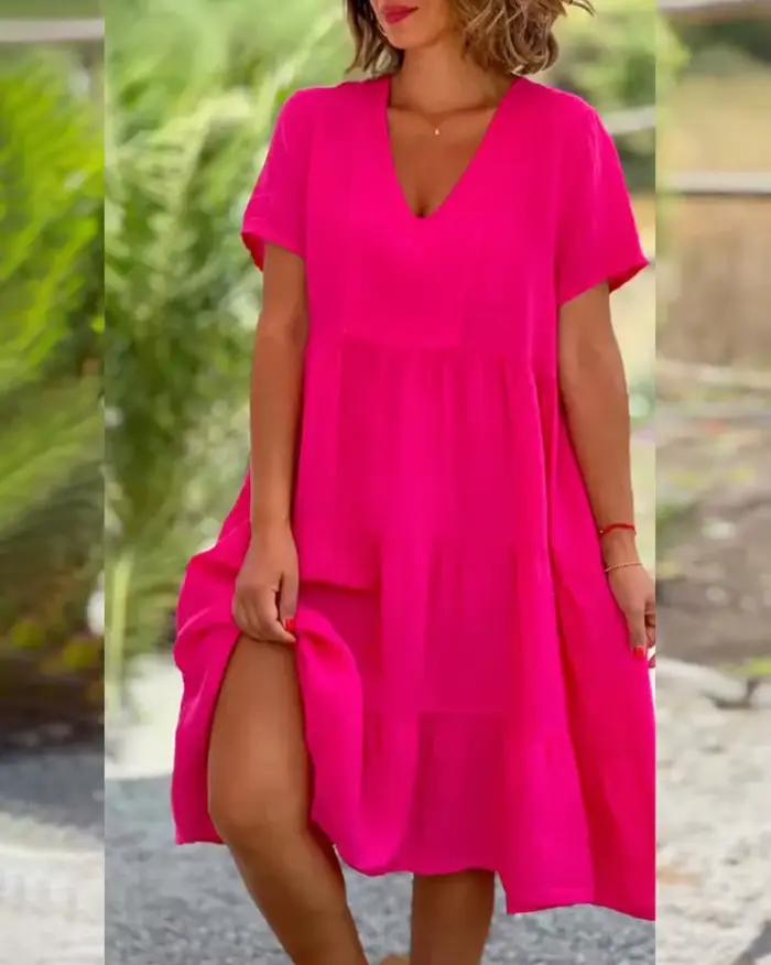 Robes décontractées en coton et lin pour femmes, douce, manches courtes, couleur unie, col en v, gra