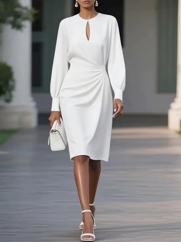 Robe longue de soirée élégante pour femmes, col rond, ajouré, manches longues, tenue de bureau, Slim
