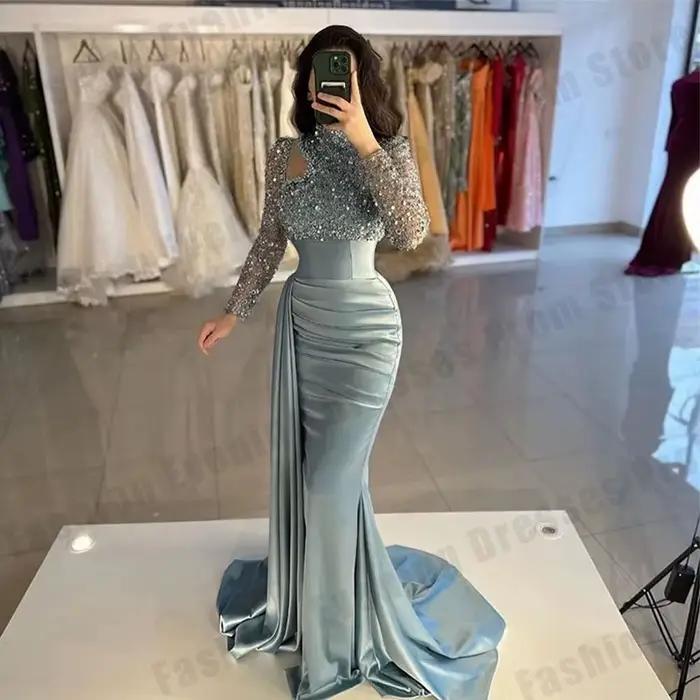 Magnifique robe de soirée pour femmes, col rond, élégante, manches longues, style sirène, robe de ba