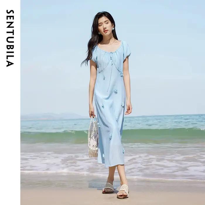 SENTUBILA Robe midi de vacances pour femme, élégante, à fleurs 3D faites à la main, avec cordon de s