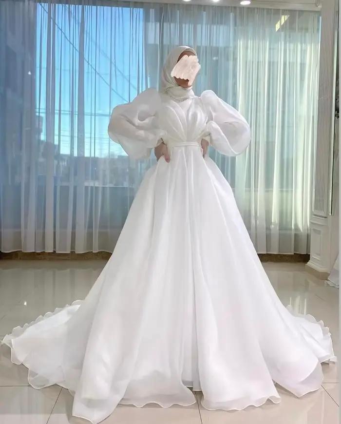 Robe de mariée musulmane personnalisée pour femme 2026, en organza blanc, col montant, avec hijab is