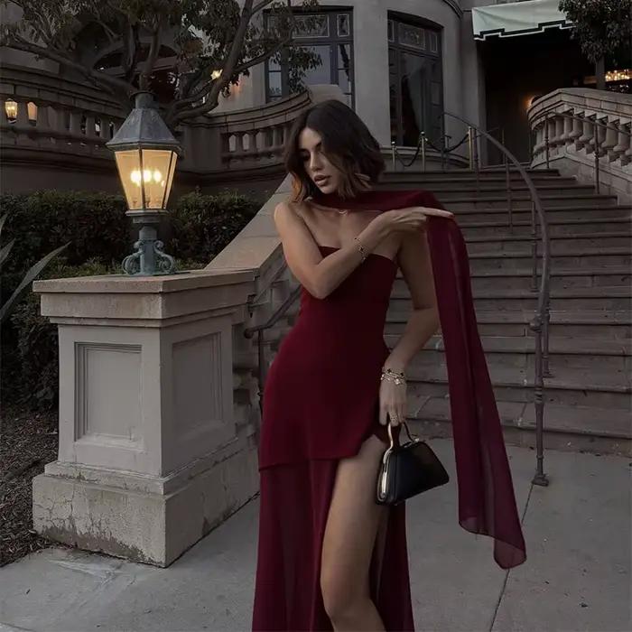 Robe sans bretelles avec ruban pour femme, tenue de soirée élégante, cintrée à la taille, couleur un