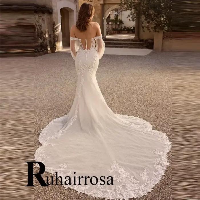 Ruhair élégant robe De mariée bouton Appliques hors De l'épaule trompette haute fente Tulle robes De