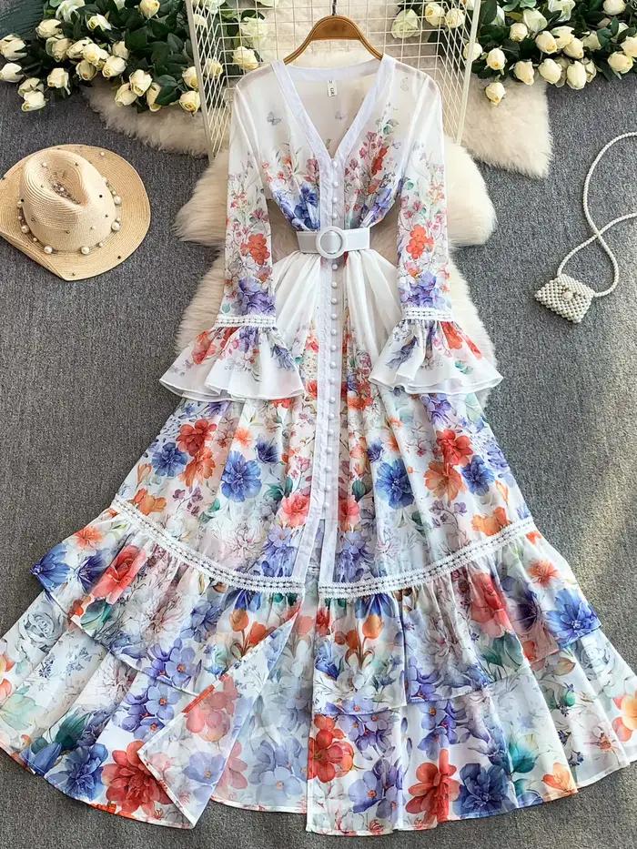 Robe longue élégante à col en V et manches évasées pour femme, style vacances à la française, avec d