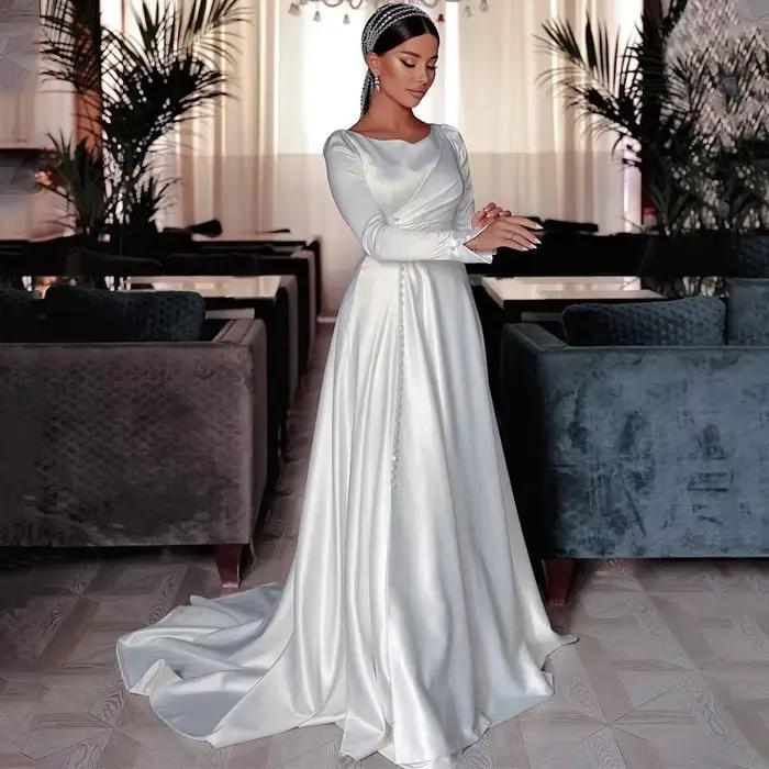 Robe de mariée trapèze blanche, tenue de soirée formelle à manches longues, style Boho, boutons de p