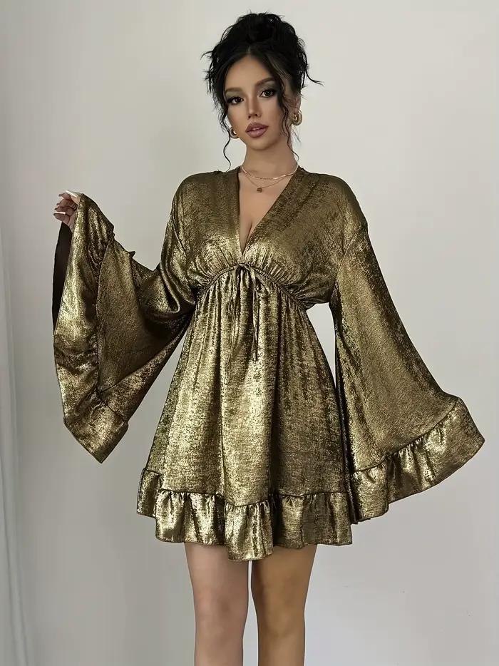 Robe mini en velours noir pour femme, col en V, manches cloche, taille nouée, ourlet à volants, robe
