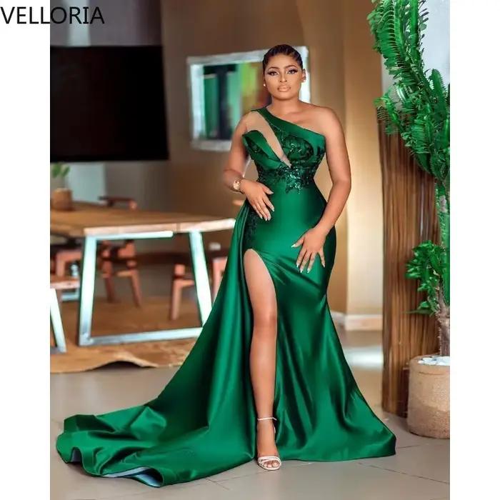 Robe Aso Ebi vert foncé avec une épaule, broderie perlée, fente haute, longue robe formelle de luxe,