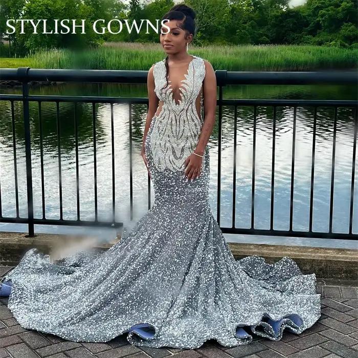 Robe de Rhlongue O N transparente argentée pour filles noires, appliques de perles, fête d'anniversa