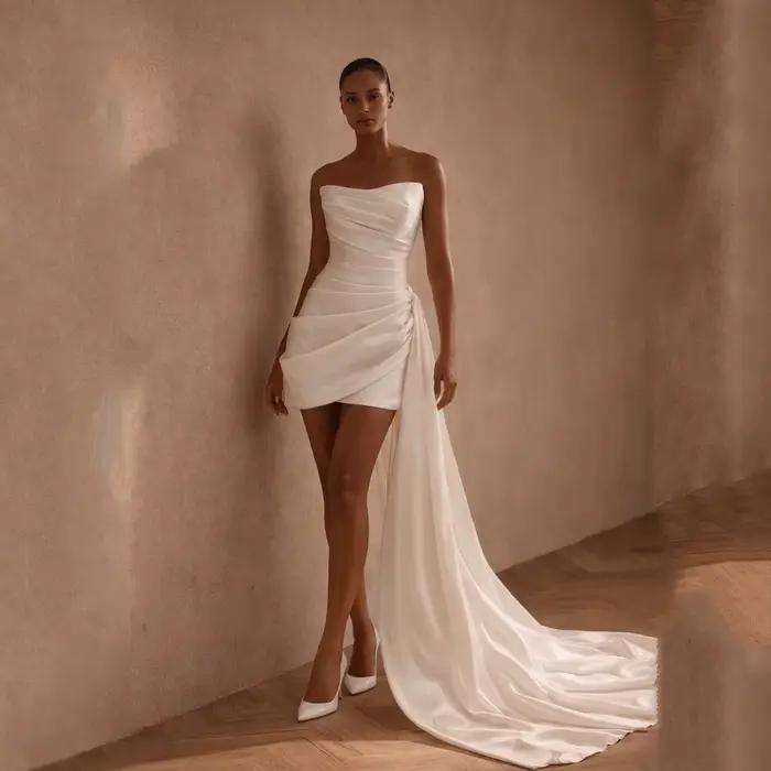 Mini robe de mariée en satin, sans bretelles, courte, élégante, style fourreau, robe de mariée civil