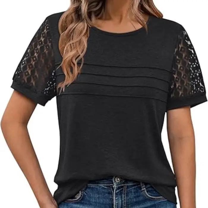 Hauts habillés à manches courtes pour femmes, hauts d'été en dentelle, tendance, col rond, T-Shirts