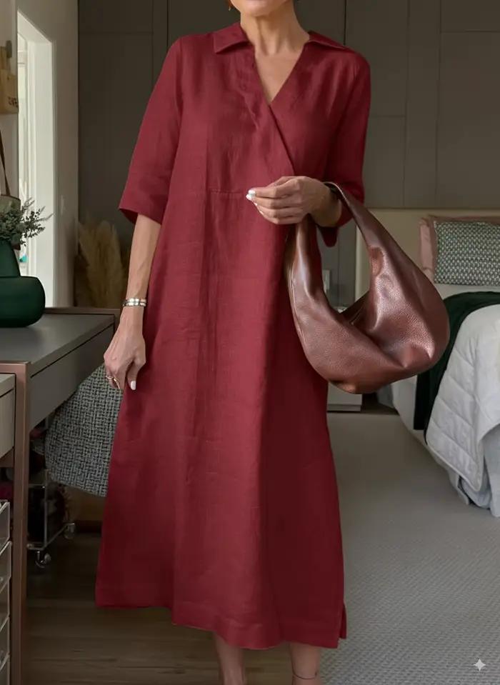 Robe longue à manches courtes pour femmes, ample, ligne a, couleur Pure, col en v, atmosphère rétro,