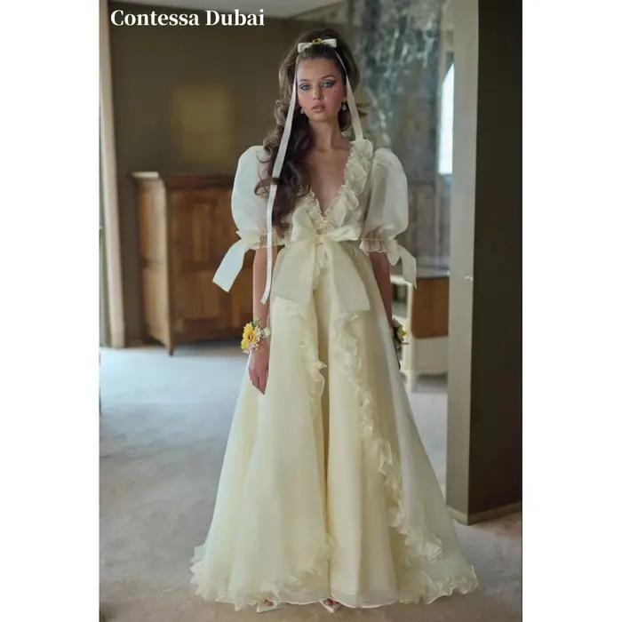 Robe de soirée Contessa personnalisée en crème, col en V, manches bouffantes, grand nœud, robes de b