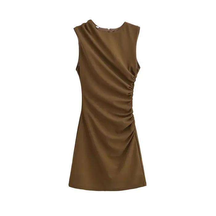 Mini robe drapée pour femmes, col rond, sans manches, fermeture éclair au dos, robes féminines, mode