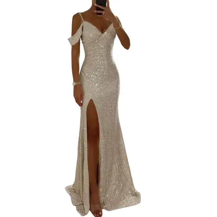 Robe de soirée à sequins pour femme, bretelles, épaules dénudées, col en V, fente latérale, robe de