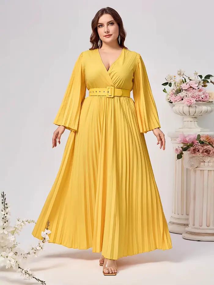 Grande taille femmes robe de soirée élégant solide à manches longues plissé col en v profond ample a