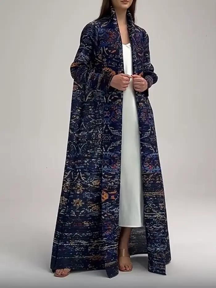 LANMREM-Robe imprimée bleu marine plissée pour femme, coupe-vent long avec manches, mode de luxe fém
