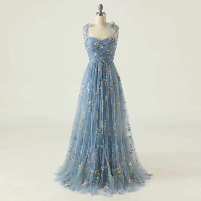 Robe de soirée longue de luxe avec broderie florale pour femmes, tenue de bal élégante, à bretelles,