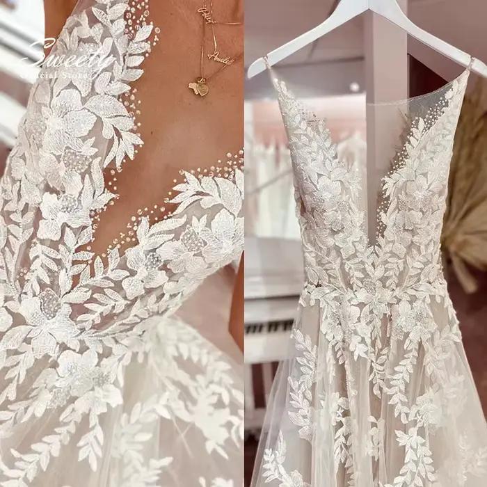 Robe de mariée en organza avec perles brodées, robe de Rhélégante, ligne A, longueur au sol, col ron