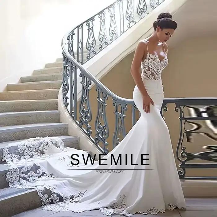 SWEMILE – robe de mariée sirène élégante pour femmes, bretelles spaghetti, appliques boutonnées, rob