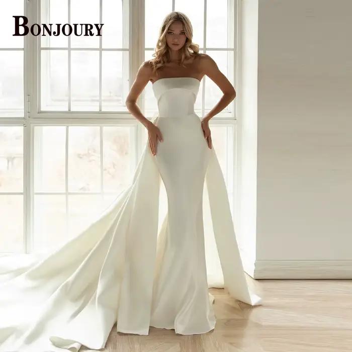 BONJOURY Robe De mariée Chic pour femmes, style sirène, fermeture éclair, nœud papillon, sans manche