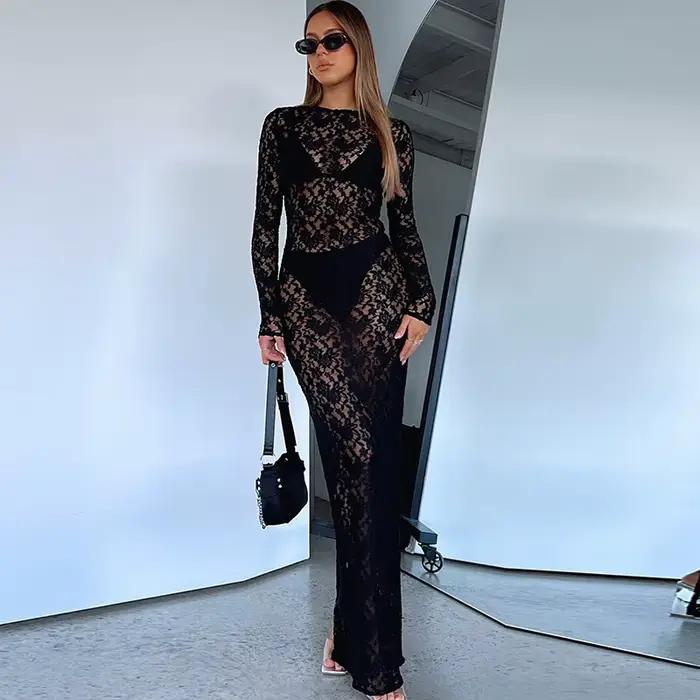 Nouvelle Robe Longue en Dentelle Transparente 2026, Robe Ajustée Sexy à Manches Longues à Motifs pou