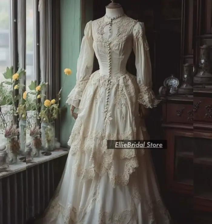 Robes de mariée victoriennes Vintage, manches longues, à plusieurs niveaux, élégantes, historiques,