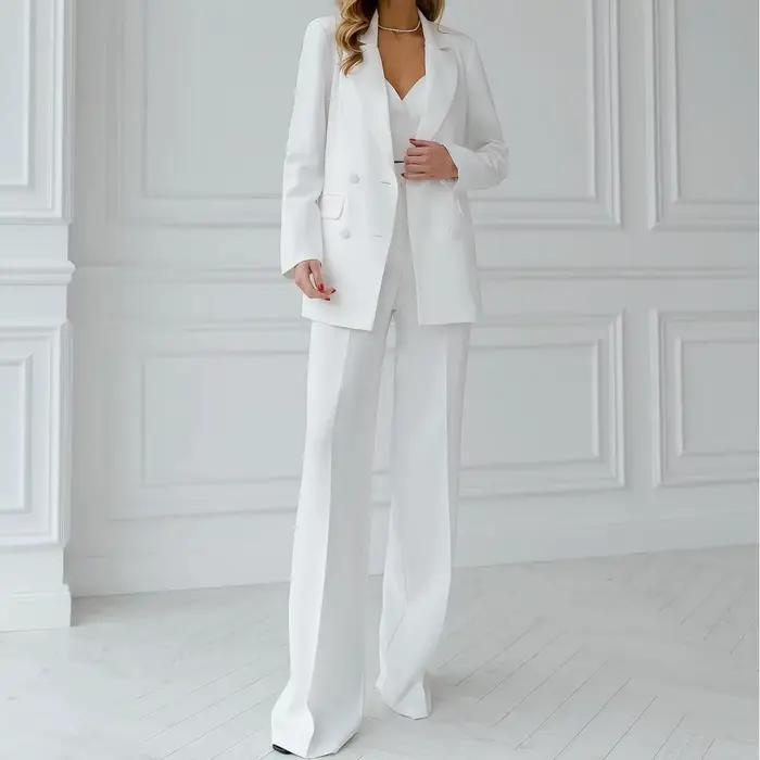Costume 2 pièces blanc pour femmes, bouton unique, solide, pour mariage, travail d'affaires, bureau,