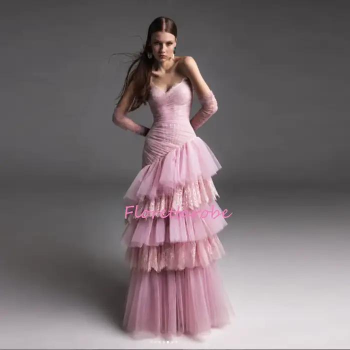 Robes de soirée élégantes en tulle et dentelle, longueur ras du sol, décolleté cœur, sans manches, r