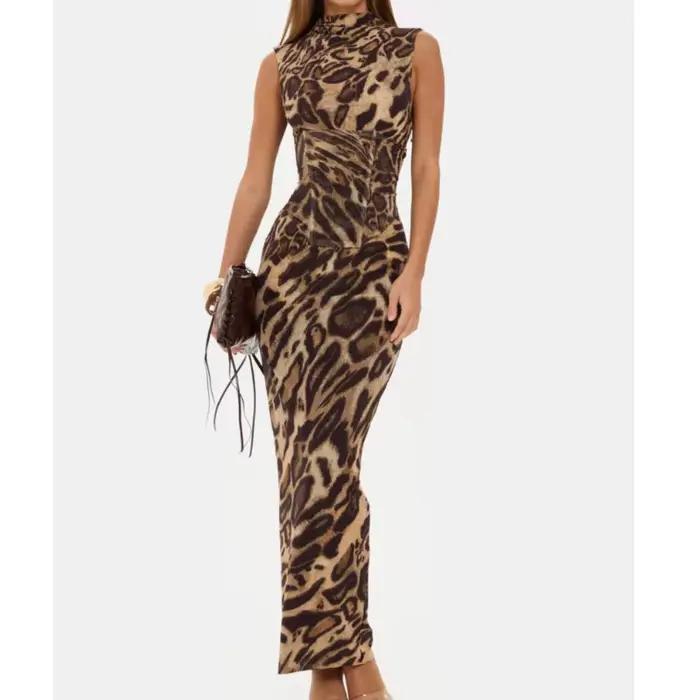 Robe longue imprimé léopard pour femme, élégante, cintrée à la taille, avec cordon de serrage intégr