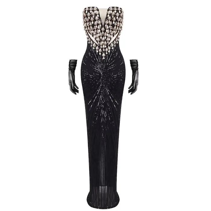Robe de soirée noire sans bretelles à paillettes – Corset perlé, robe de dîner de gala de célébratio