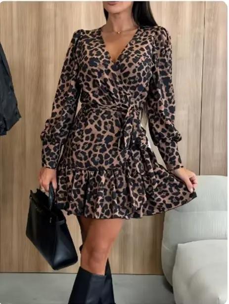 Robes imprimées léopard pour femmes, col en v, à lacets, manches longues, Sexy, élégante, pour renco