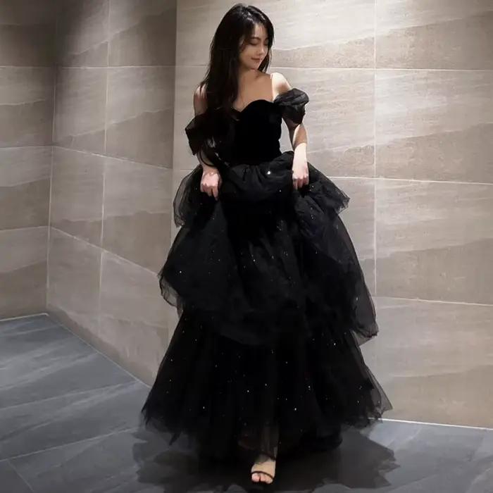 Robe de soirée noire Sexy, col bateau, robe de bal d'anniversaire, Simple, en maille plissée, robe d