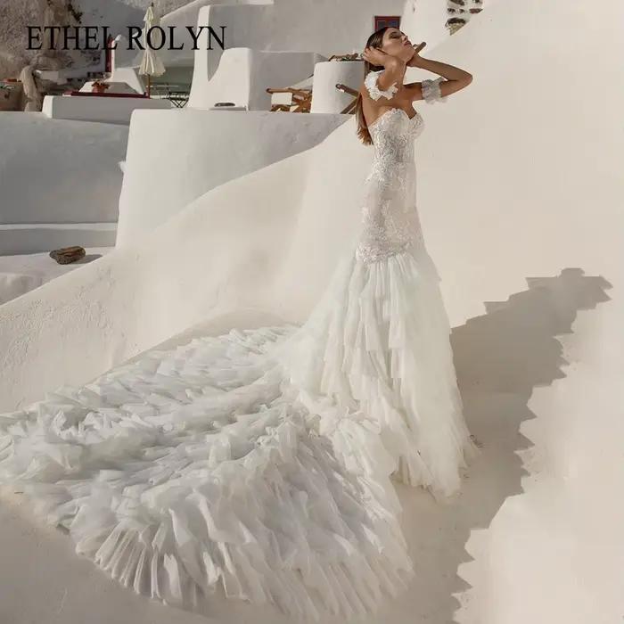 ETHEL ROLYN robe De mariée sirène chic chérie dentelle Appliques dos nu mariée volants cathédrale Tr