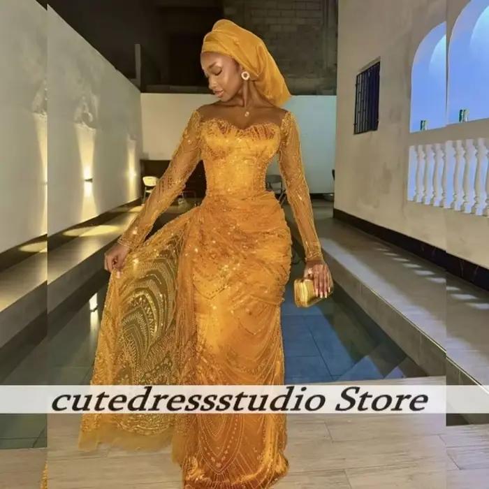 Robes de soirée à paillettes dorées pour femmes, longue robe de bal sirène Aso Ebi, robes de soirée