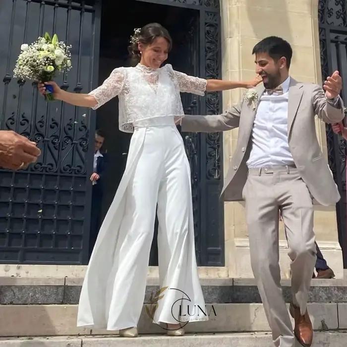 Ensemble de mariage personnalisé Luna en 2 pièces, combinaison de mariage civil et hauts en dentelle